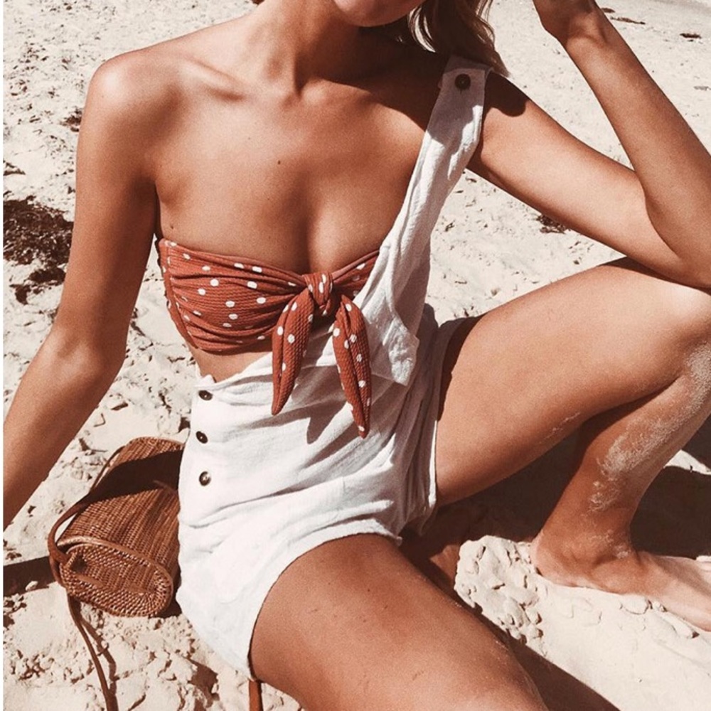 CLEARANCE Rust Polka Dot Knot Tie Bandeau Bikini Set - Picture 5 of 6